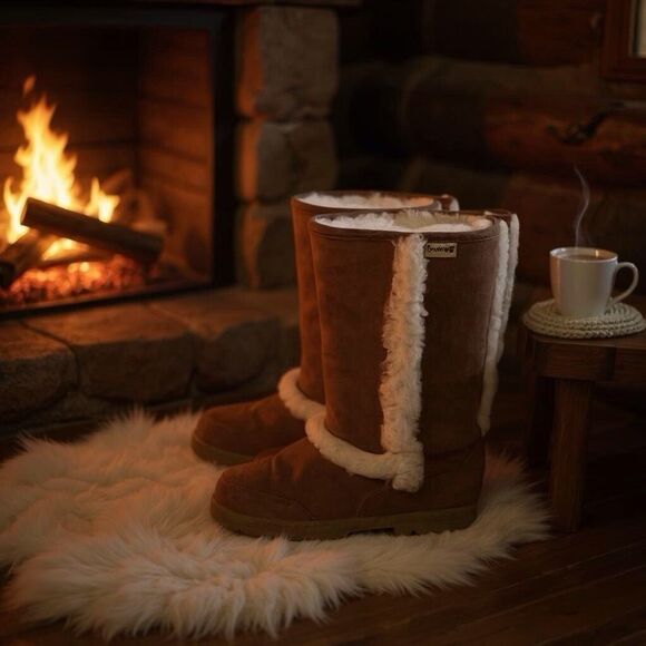 BearPaw Kendall Hickory Suede Tall Boots Sherpa Sheepskin Lining Size 10 Pull On - Picture 12 of 12